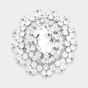 Silver Oval Brooch Crystal Pin Stone Circle Style Rhinestones Bling Accessory